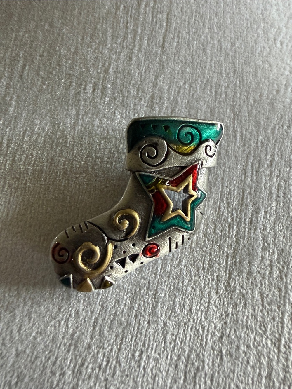 Silver Boot Brooch with Green, Red & Gold Enamel